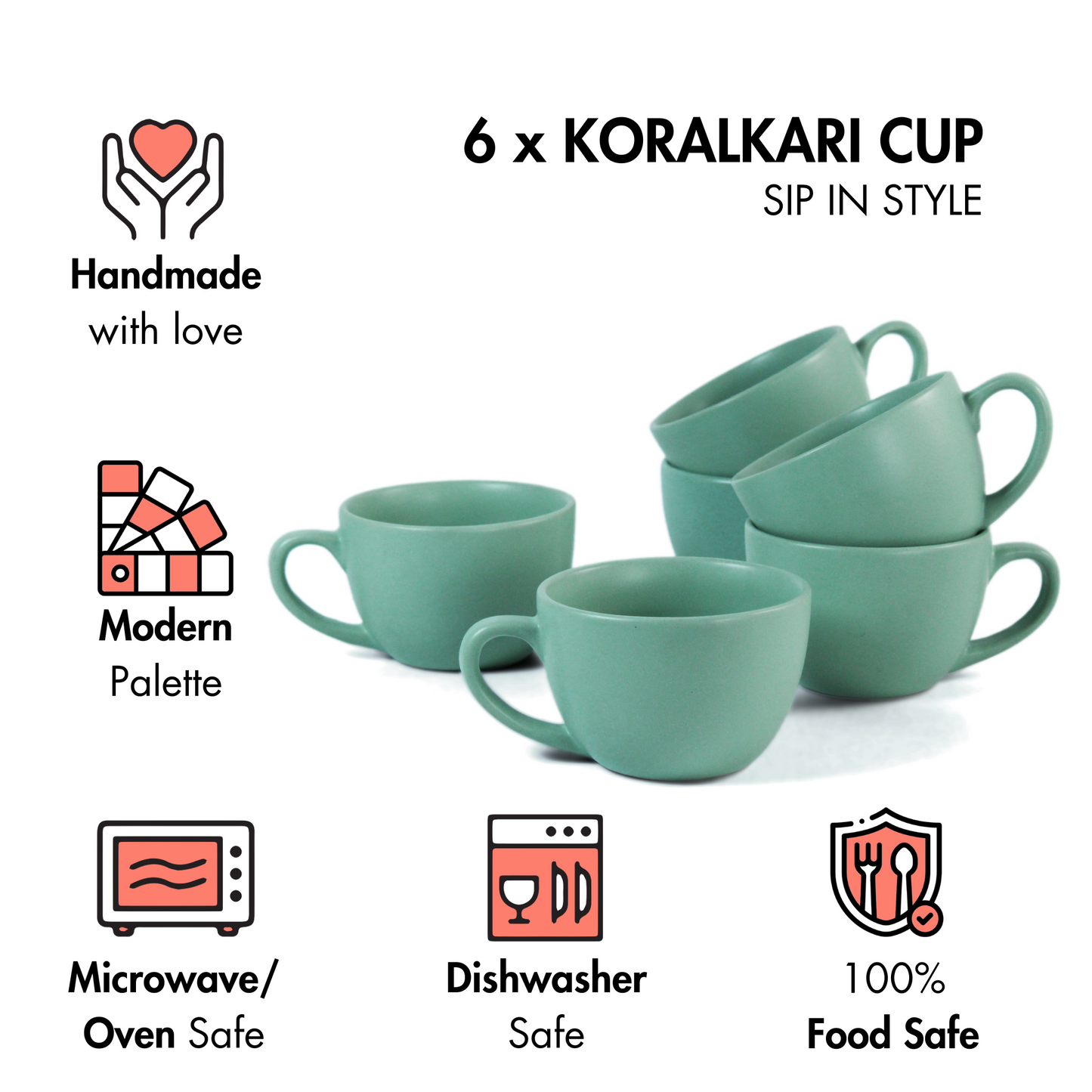 Ceramic Tea Cups | Set of 6 | Almost Blue | 180ml Tea Cups |
