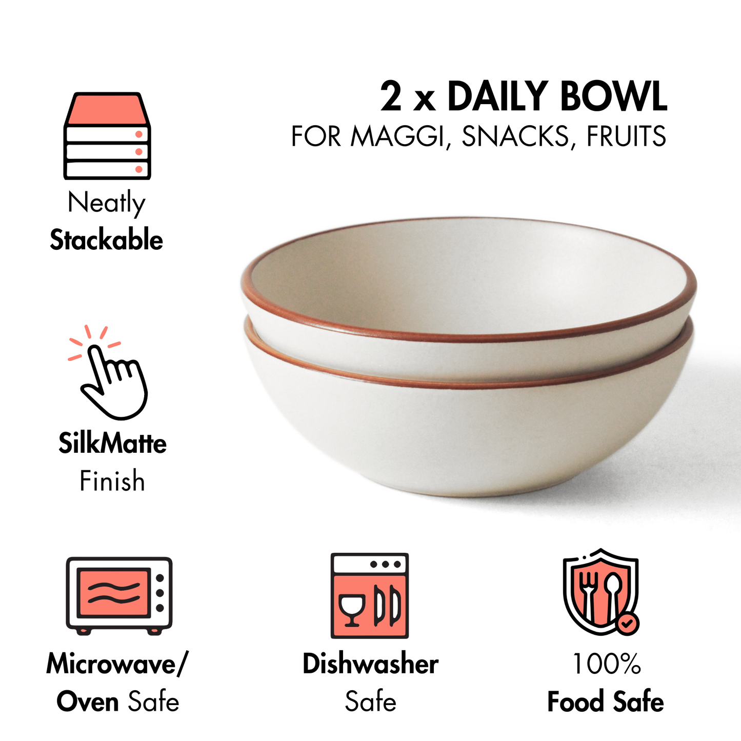 Ceramic Breakfast Bowls | Set of 2 | Vanilla Biscuit | Daily Bowl For Snacks, Fruits, Breakfast |