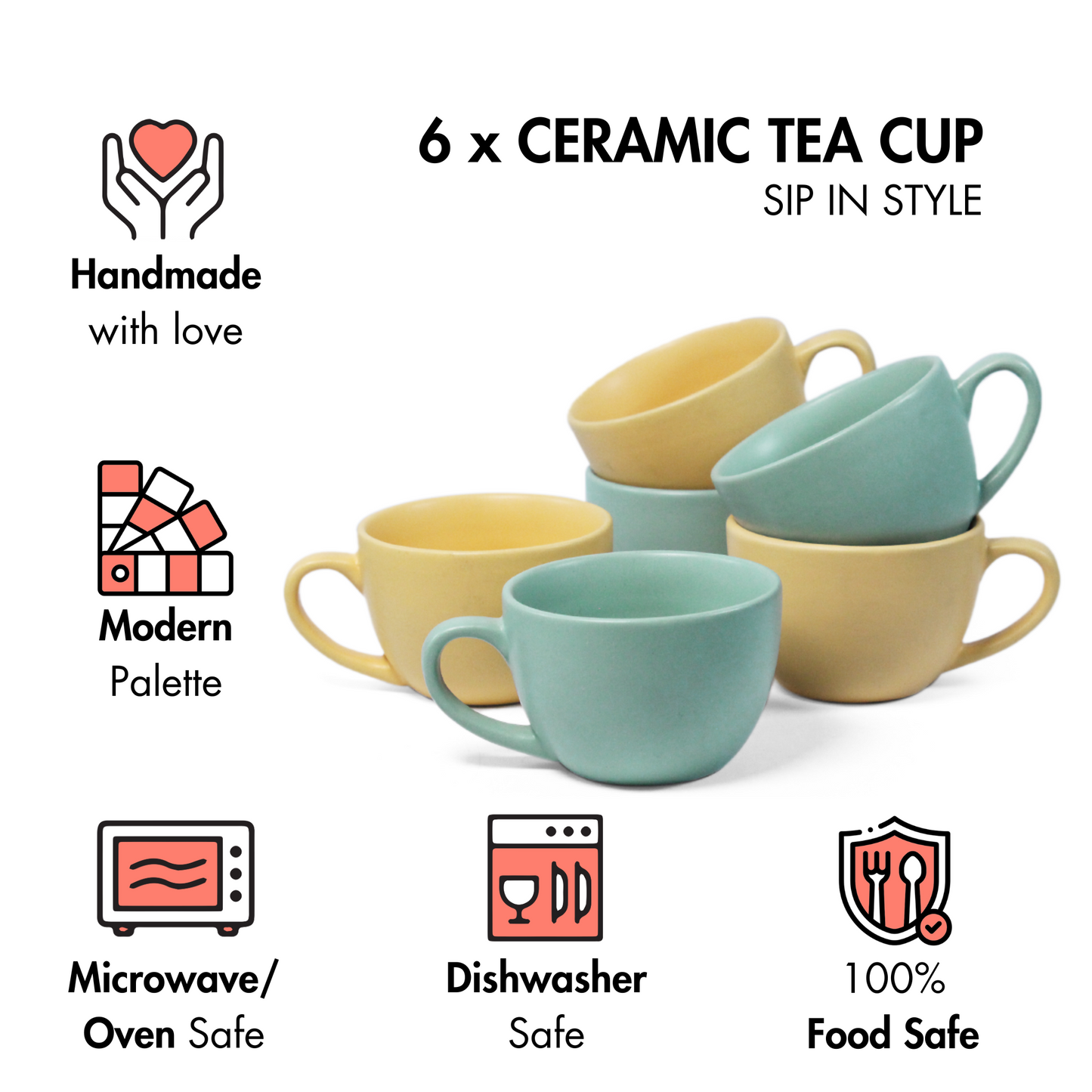 Ceramic Tea Cups | Set of 6 | Almost Blue + Aamras Yellow | 180ml Tea Cups |