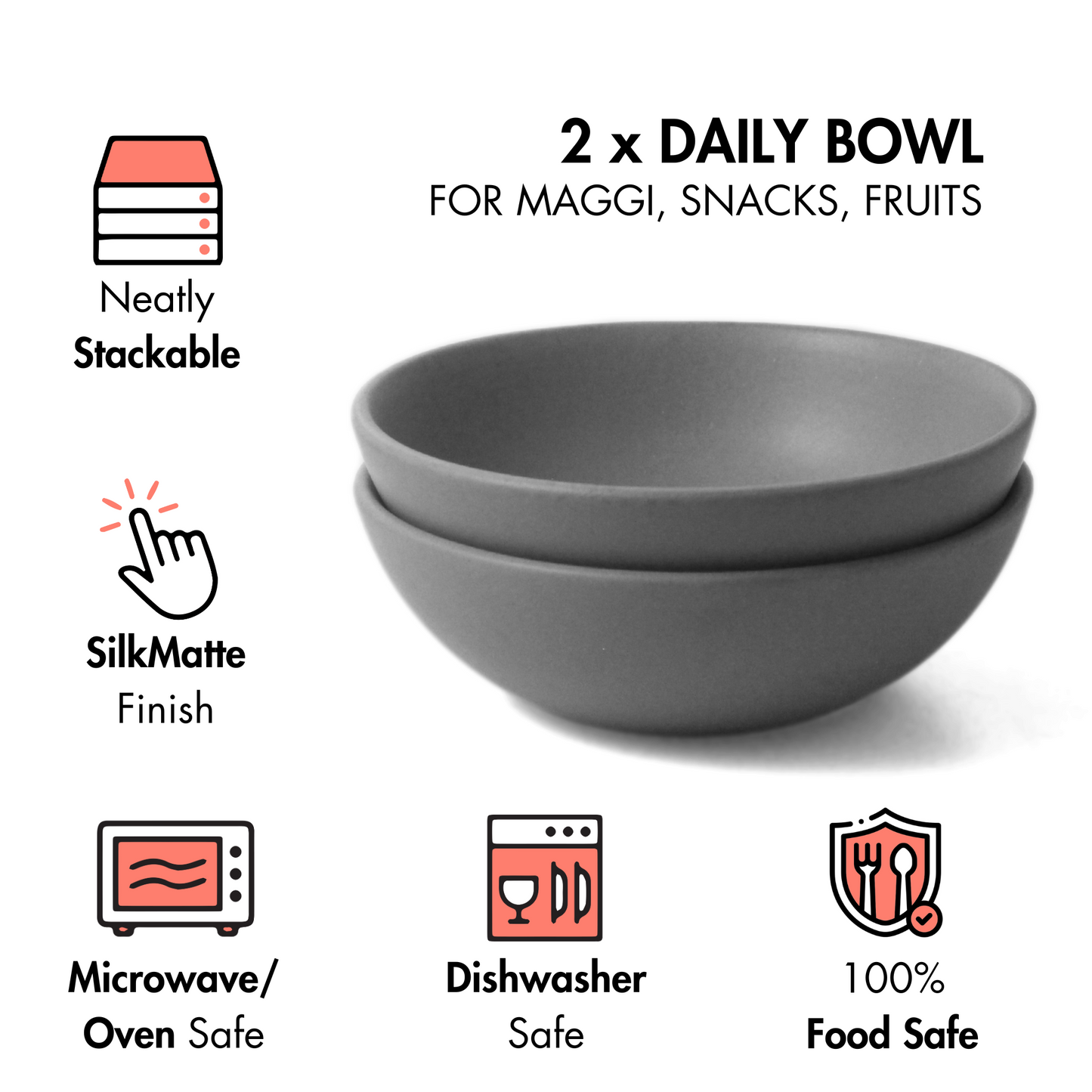 Ceramic Breakfast Bowls | Set of 2 | Pebble Grey | Daily Bowl For Snacks, Fruits, Breakfast |
