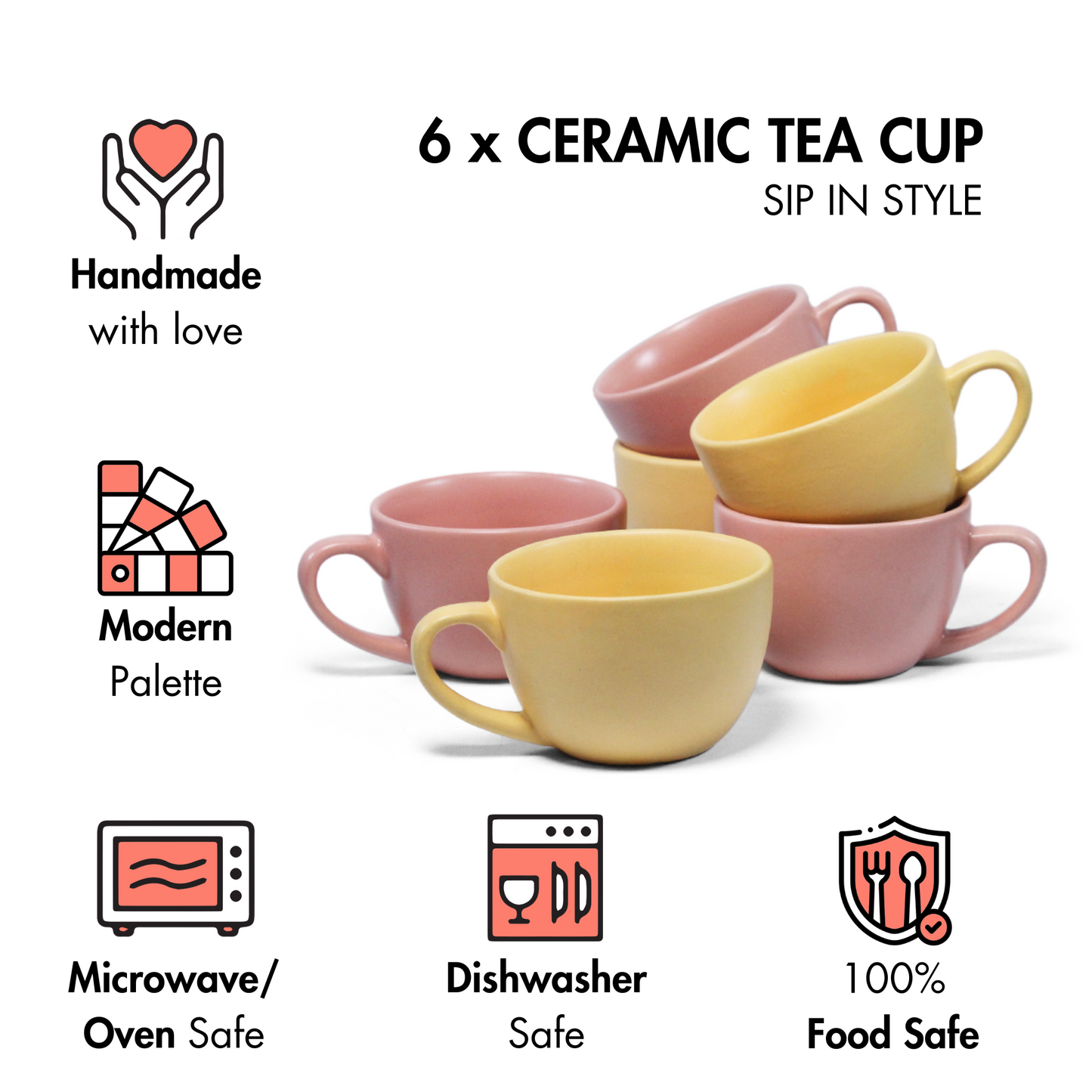 Ceramic Tea Cups | Set of 6 | Aamras Yellow + Flamingo Pink | 180ml Tea Cups |
