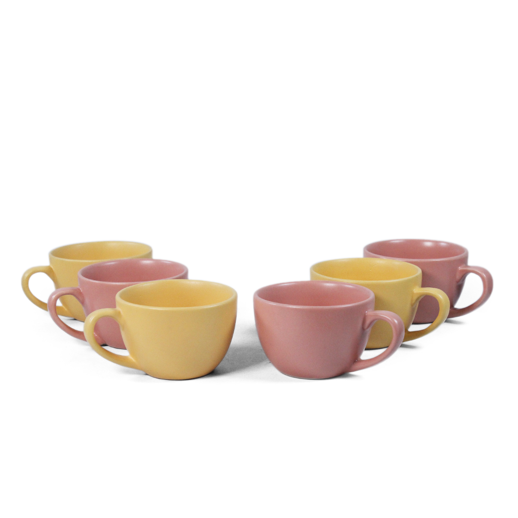 Ceramic Tea Cups | Set of 6 | Aamras Yellow + Flamingo Pink | 180ml Tea Cups |