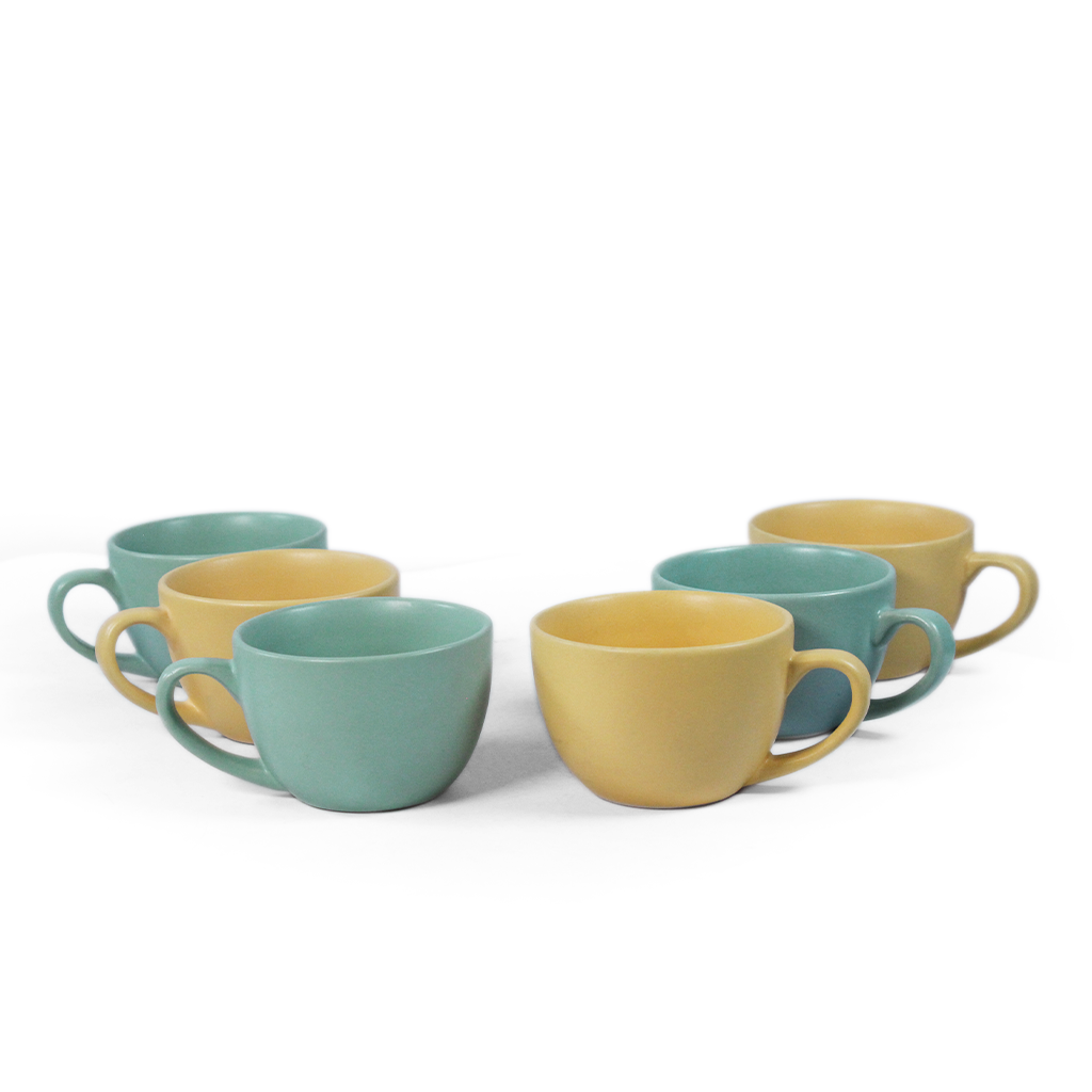 Ceramic Tea Cups | Set of 6 | Almost Blue + Aamras Yellow | 180ml Tea Cups |