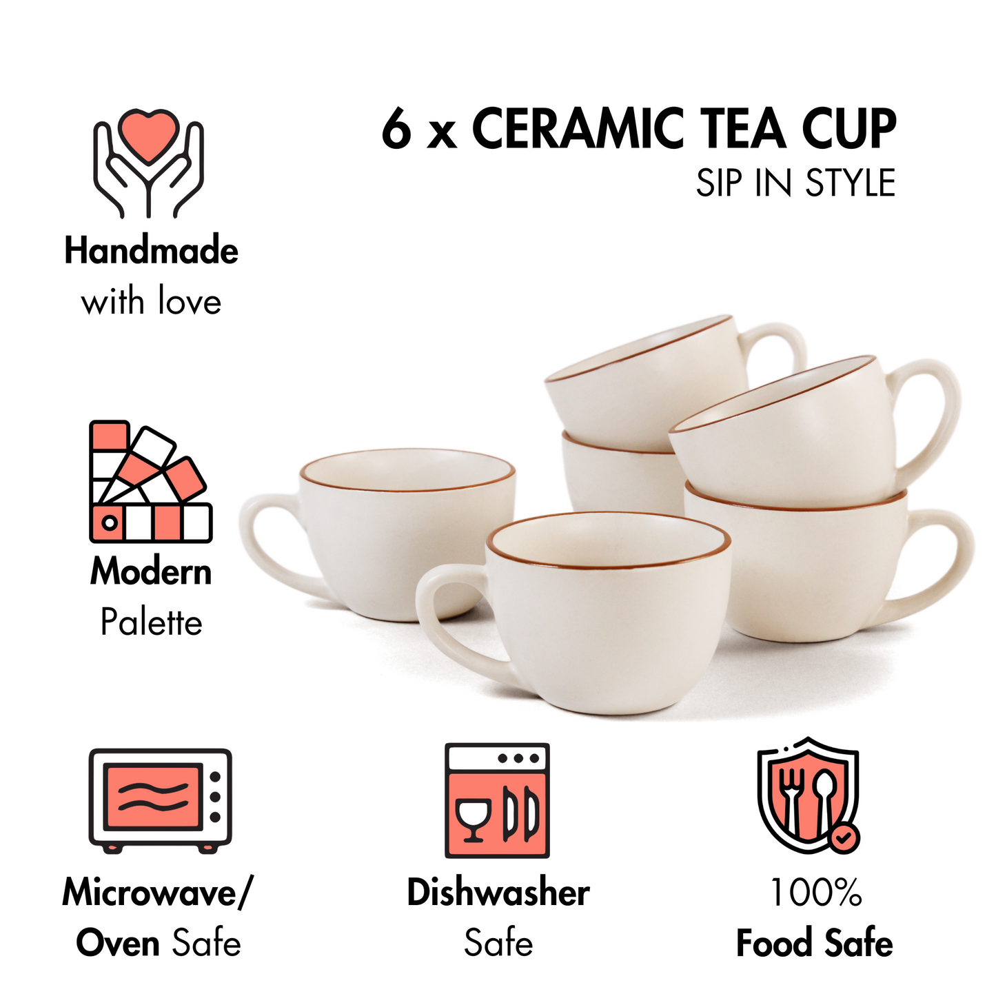 Ceramic Tea Cups | Set of 6 | Vanilla Biscuit | 180ml Tea Cups |