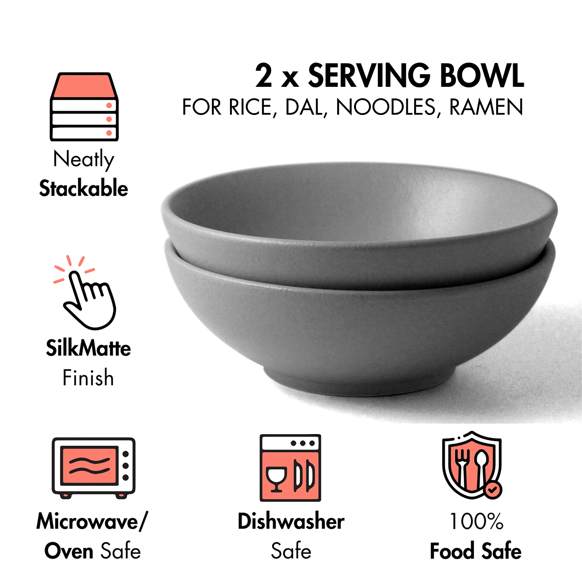 Ceramic Ramen Bowls | Set of 2 | Pebble Grey | Serving Bowls for Rice, Noodles, Ramen |