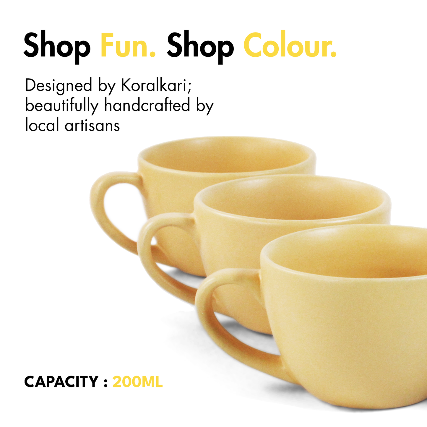 Ceramic Tea Cups | Set of 6 | Aamras Yellow | 200ml Tea Cups |