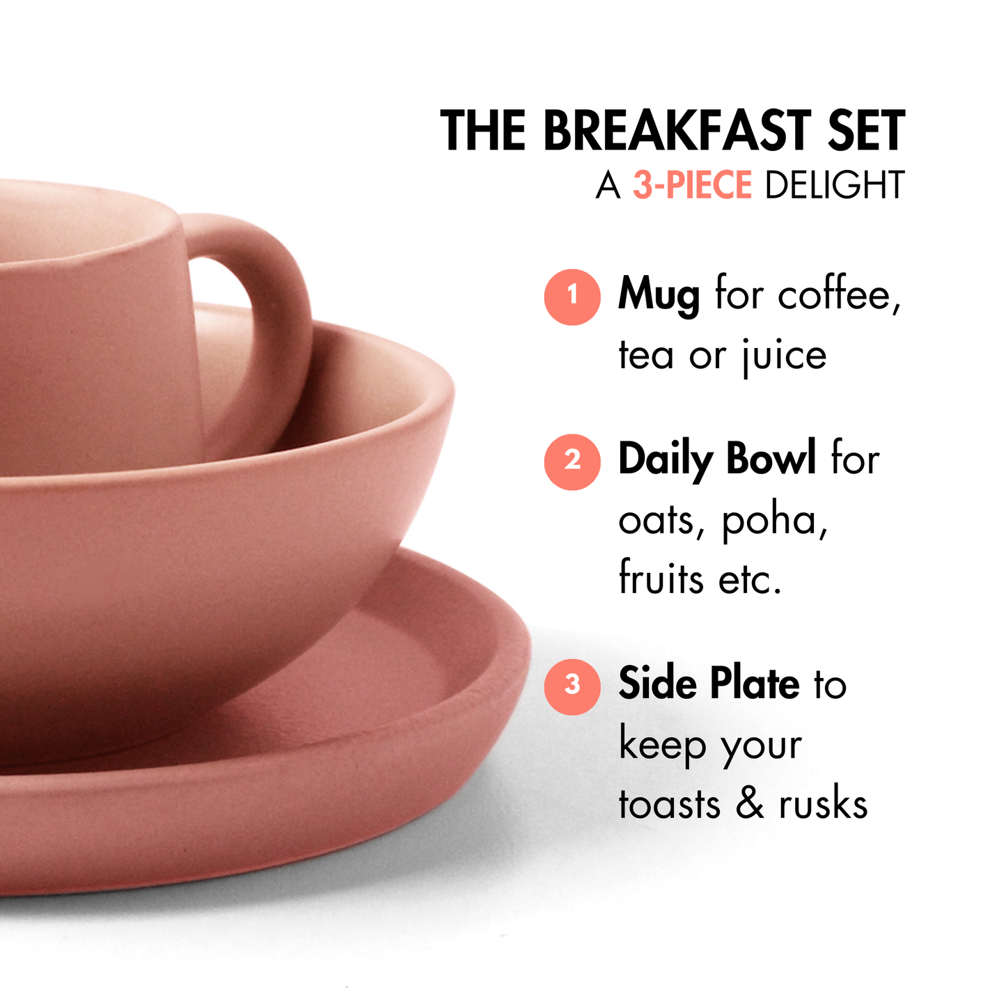 Ceramic 3 Piece Breakfast Set | Flamingo Pink | 1 Plate, 1 Breakfast Bowl, 1 Cappuccino Mug |