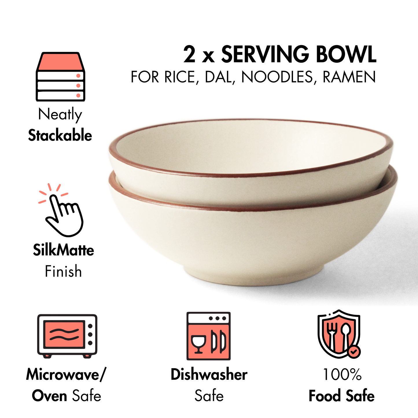 Ceramic Ramen Bowls | Set of 2 | Vanilla Biscuit | Serving Bowls for Rice, Noodles, Ramen |