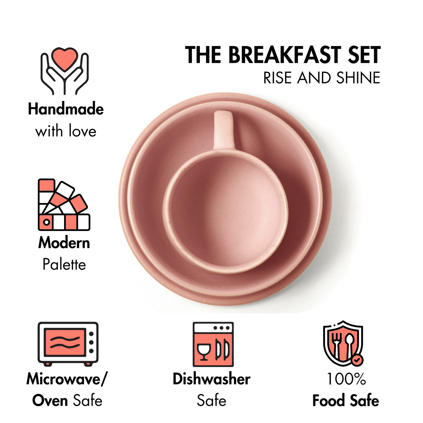 Ceramic 3 Piece Breakfast Set | Flamingo Pink | 1 Plate, 1 Breakfast Bowl, 1 Cappuccino Mug |