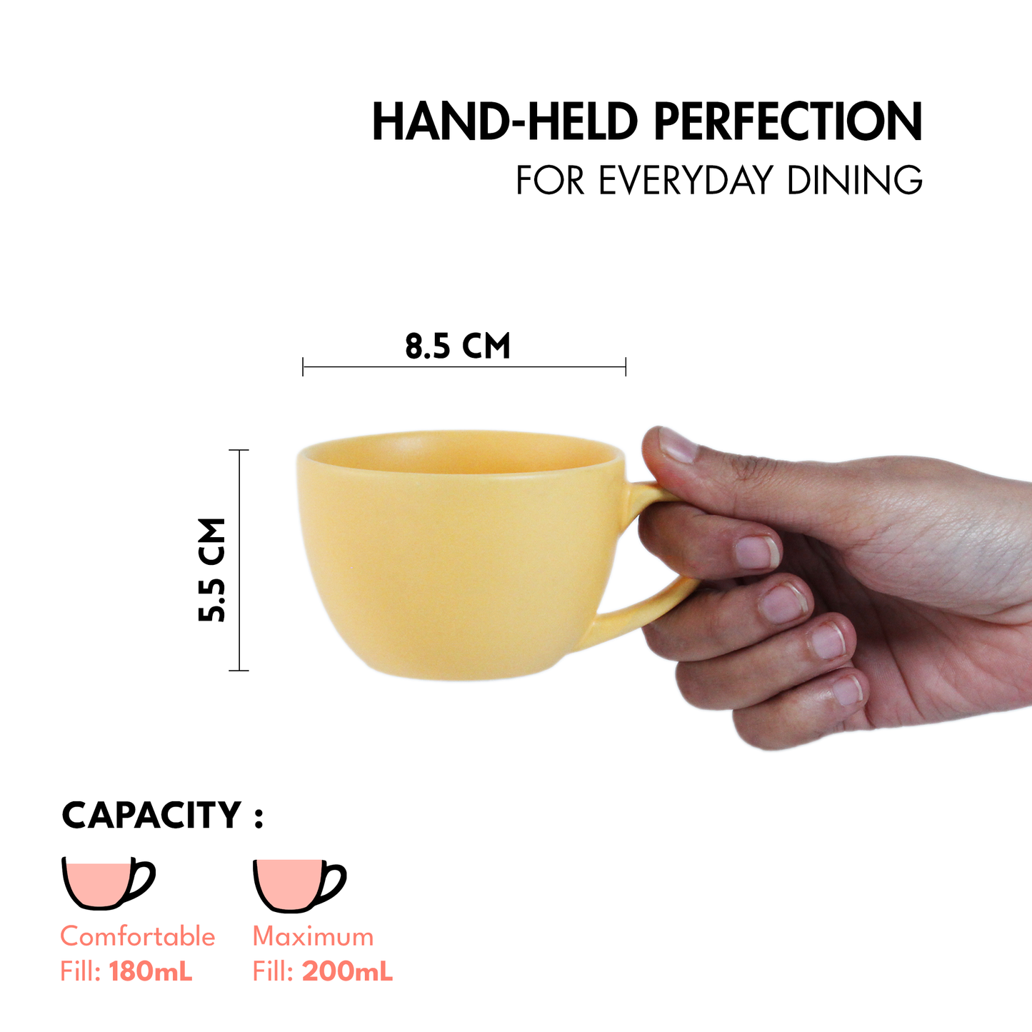 Ceramic Tea Cups | Set of 6 | Aamras Yellow + Flamingo Pink | 180ml Tea Cups |