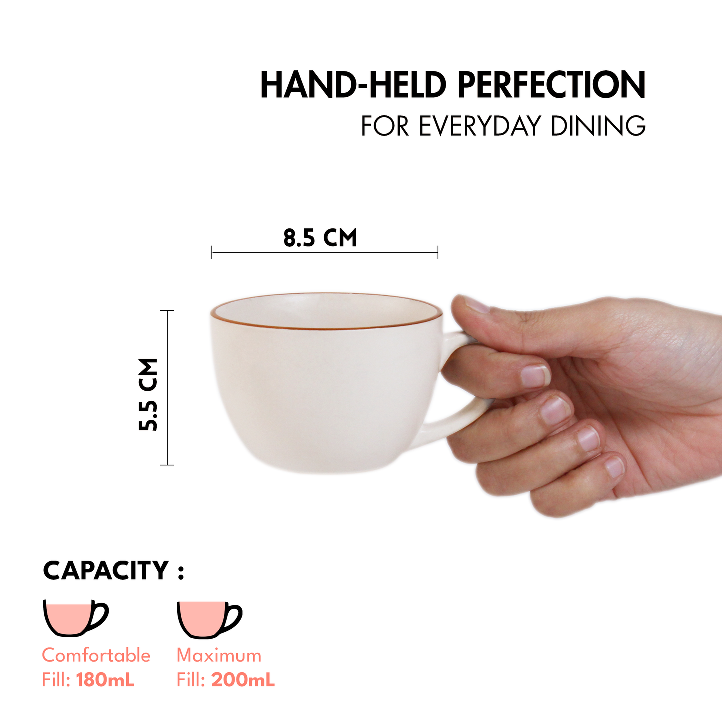 Ceramic Tea Cups | Set of 6 | Vanilla Biscuit | 180ml Tea Cups |