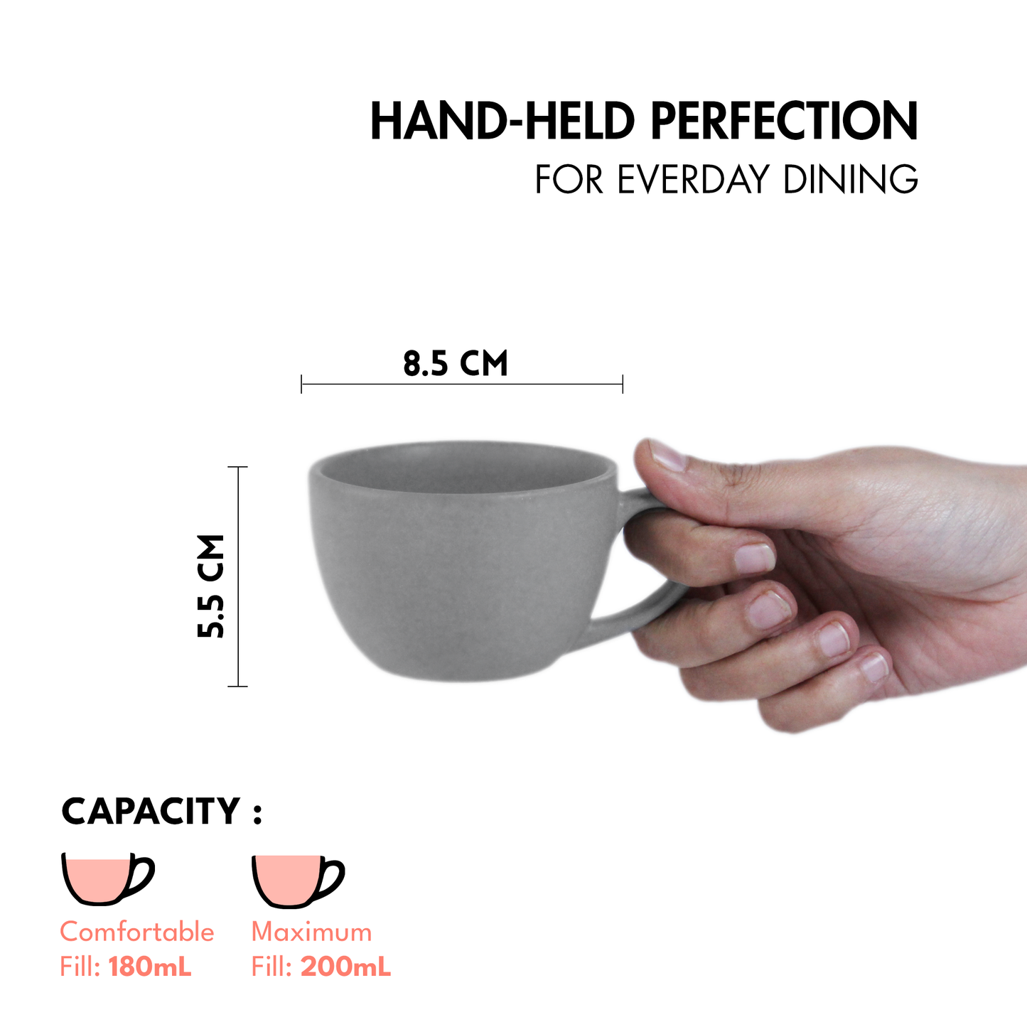 Ceramic Tea Cups | Set of 6 | Pebble Grey | 180ml Tea Cups |