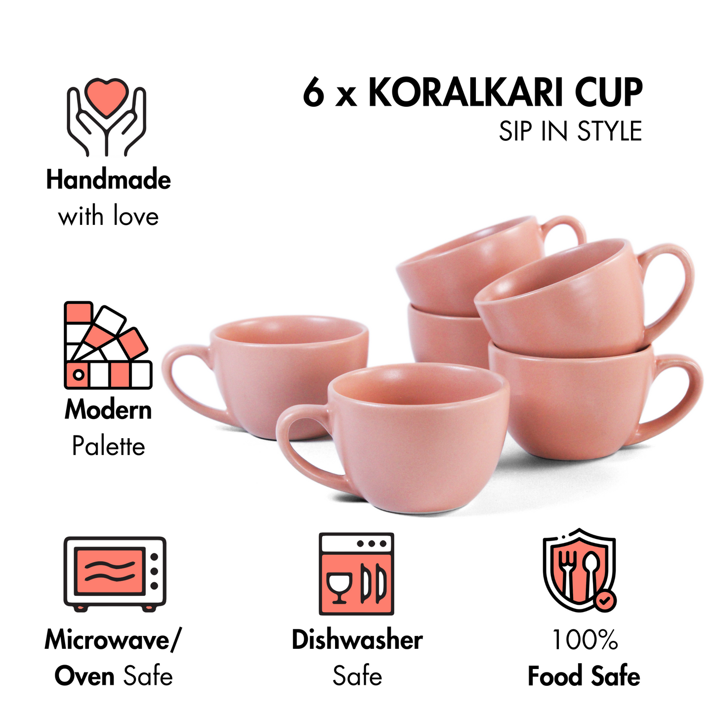 Ceramic Tea Cups | Set of 6 | Flamingo Pink | 180ml Tea Cups |