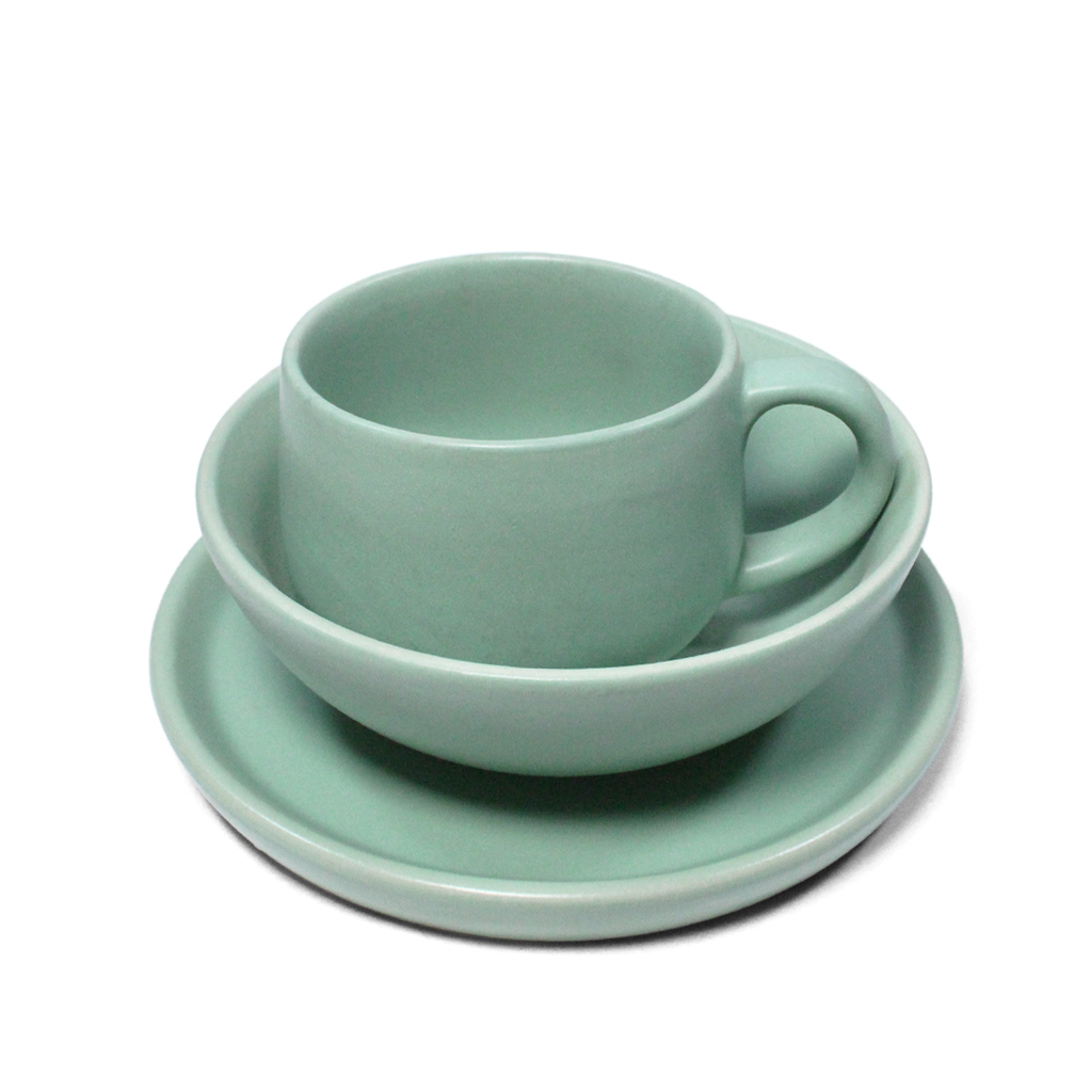 Ceramic 3 Piece Breakfast Set | Almost Blue | 1 Plate, 1 Breakfast Bowl, 1 Cappuccino Mug |