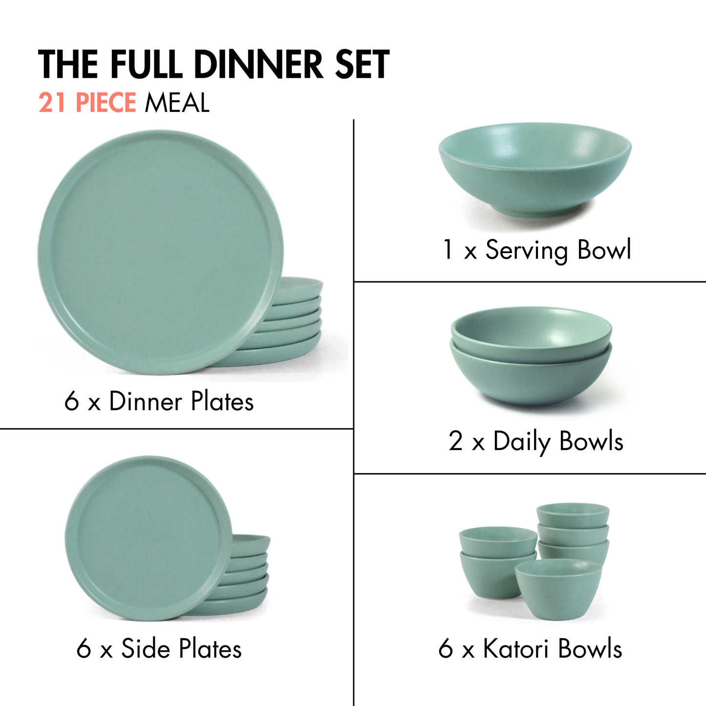 Ceramic 21 Piece Dinner Set | Full Dinner Set | Almost Blue | SilkMatte Finish |