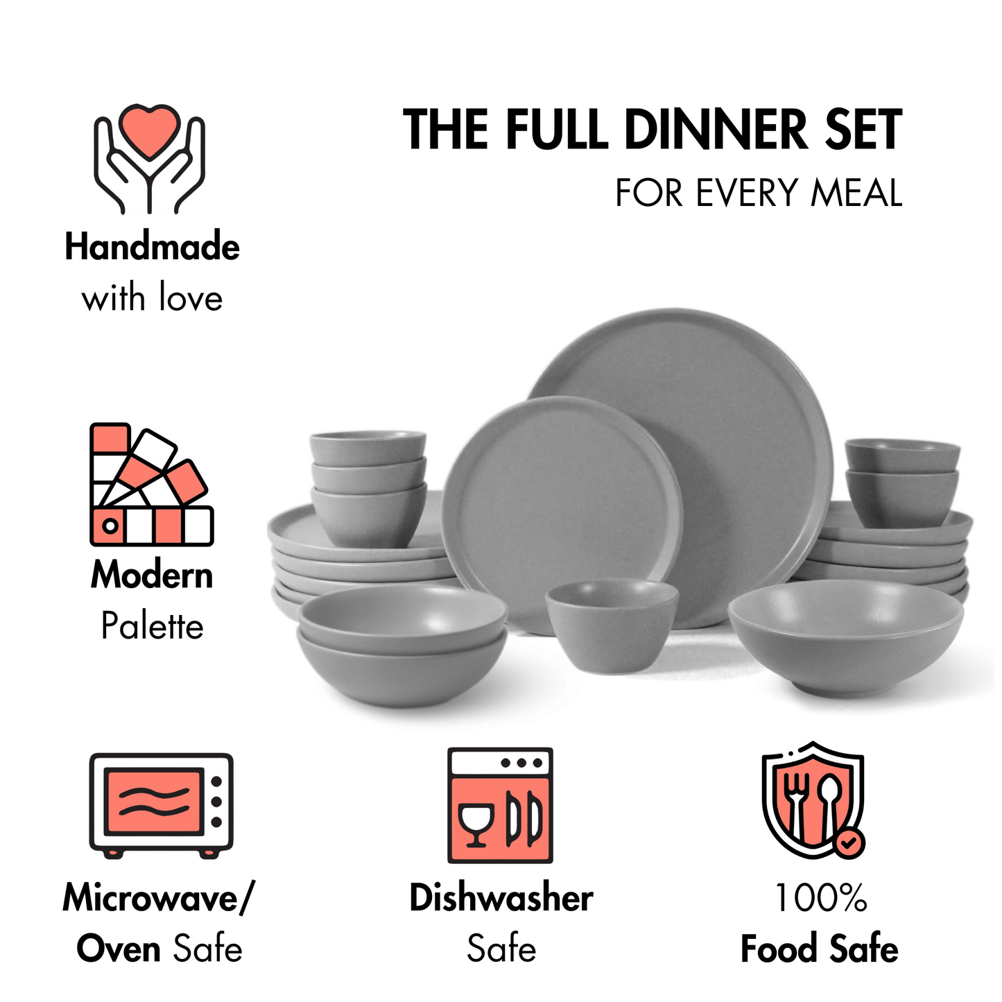 Ceramic 21 Piece Dinner Set | The Full Dinner Set | Pebble Grey | SilkMatte Finish |
