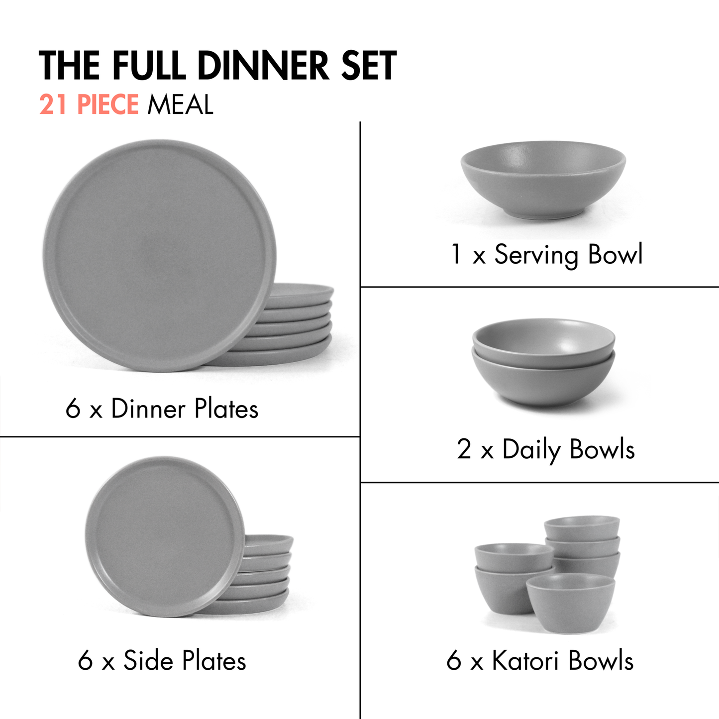 Ceramic 21 Piece Dinner Set | The Full Dinner Set | Pebble Grey | SilkMatte Finish |
