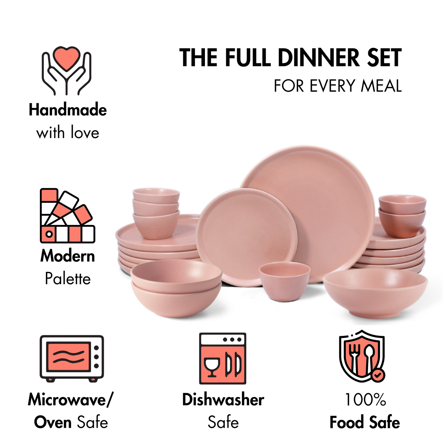 Ceramic 21 Piece Dinner Set | The Full Dinner Set | Flamingo Pink | SilkMatte Finish |