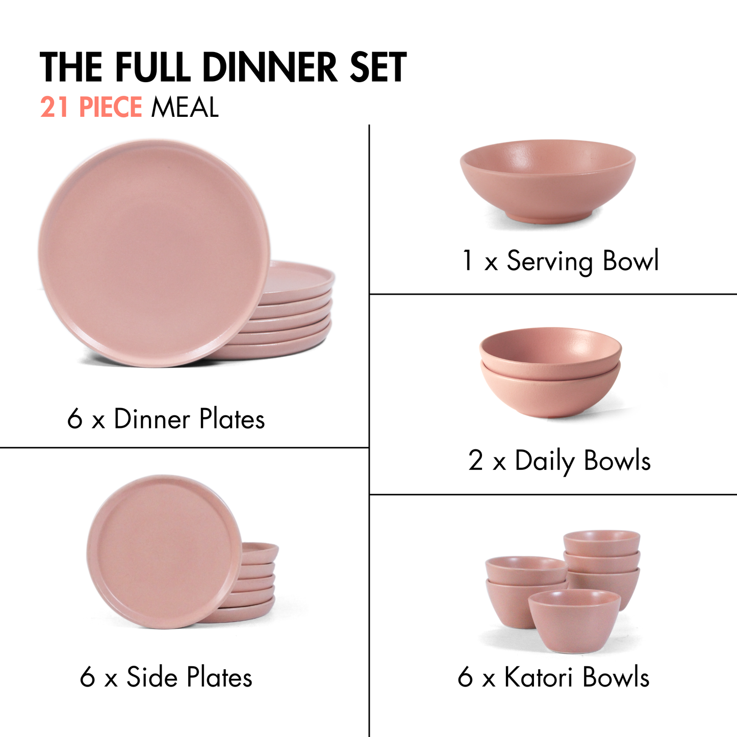 Ceramic 21 Piece Dinner Set | The Full Dinner Set | Flamingo Pink | SilkMatte Finish |