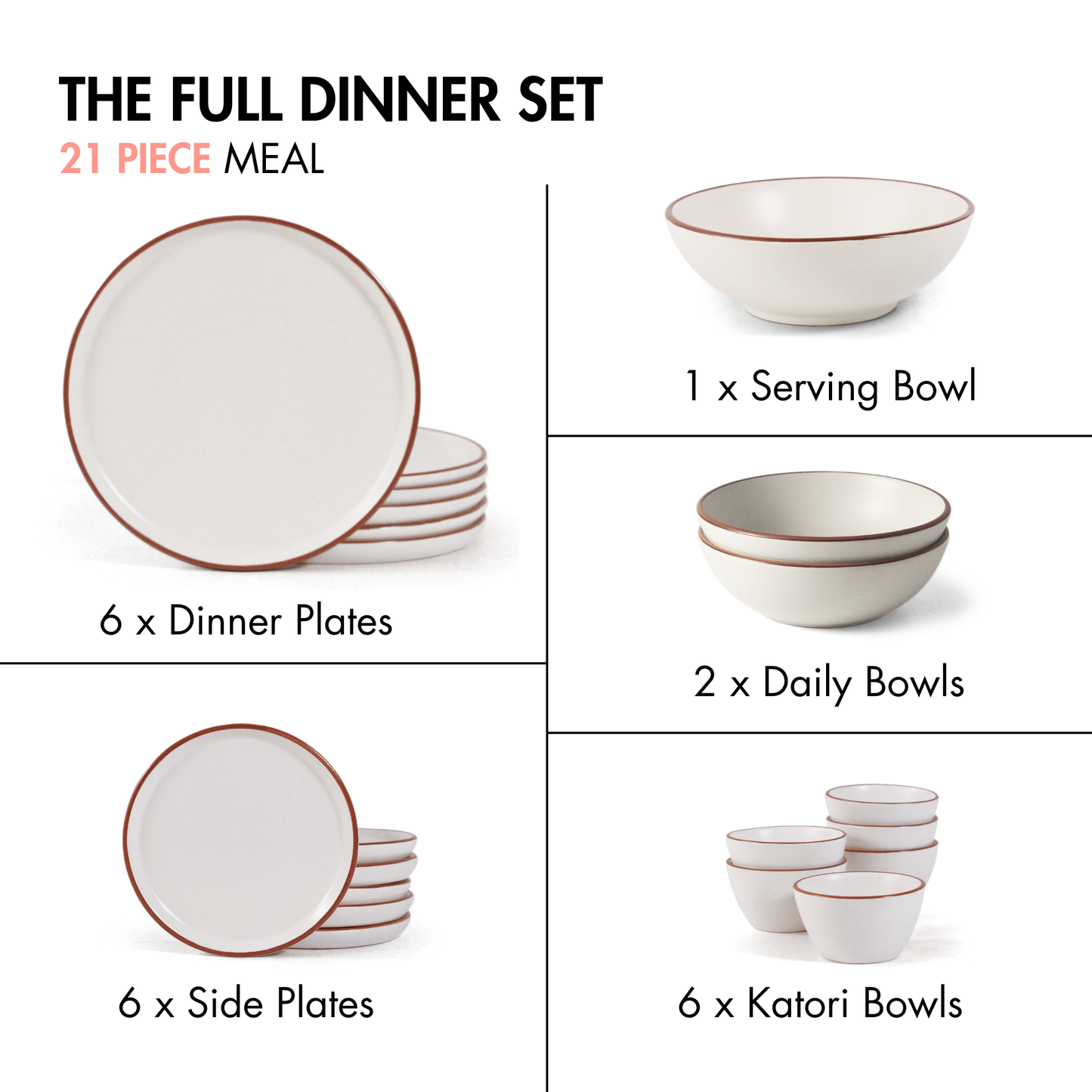 Ceramic 21 Piece Dinner Set | The Full Dinner Set | Vanilla Biscuit | SilkMatte Finish |