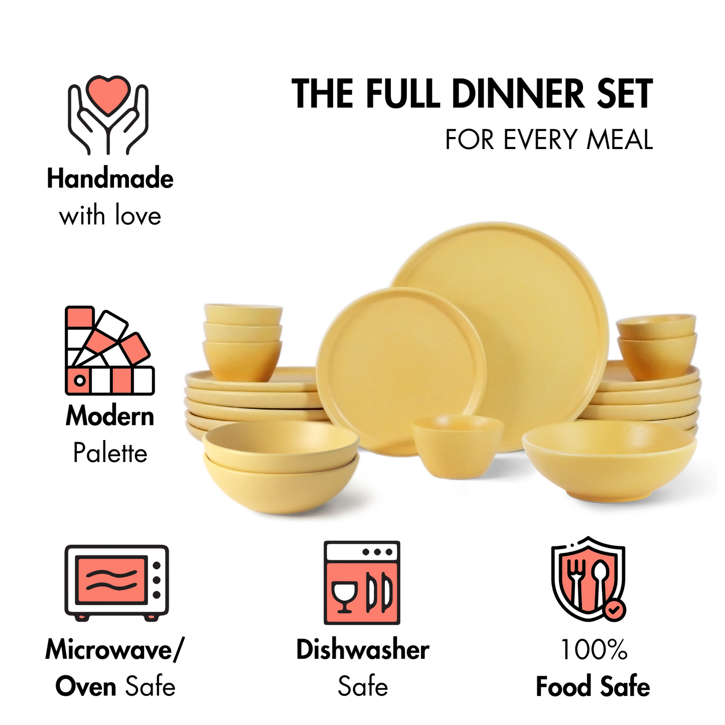 Ceramic 21 Piece Dinner Set | The Full Dinner Set | Aamras Yellow | SilkMatte Finish |