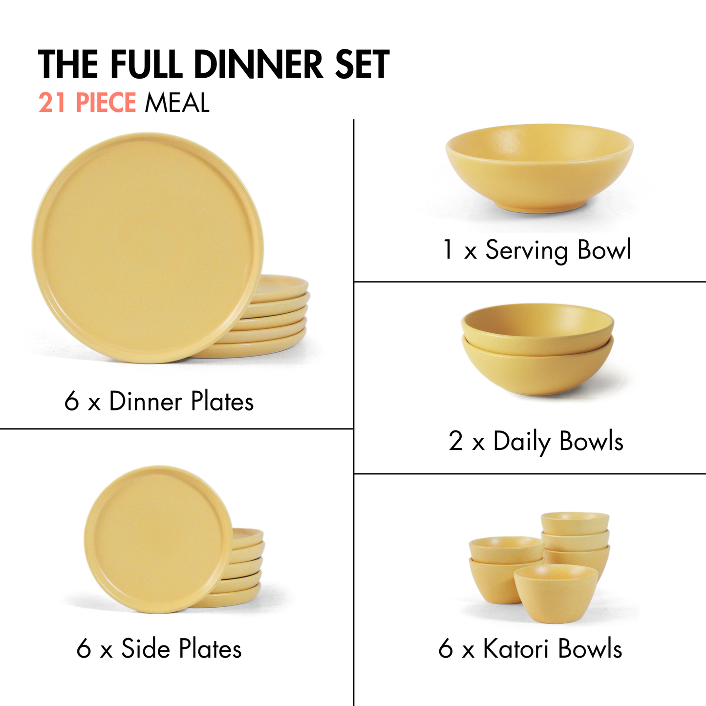 Ceramic 21 Piece Dinner Set | The Full Dinner Set | Aamras Yellow | SilkMatte Finish |