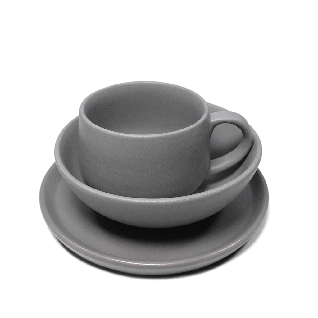 Ceramic 3 Piece Breakfast Set | Pebble Grey | 1 Plate, 1 Breakfast Bowl, 1 Cappuccino Mug |