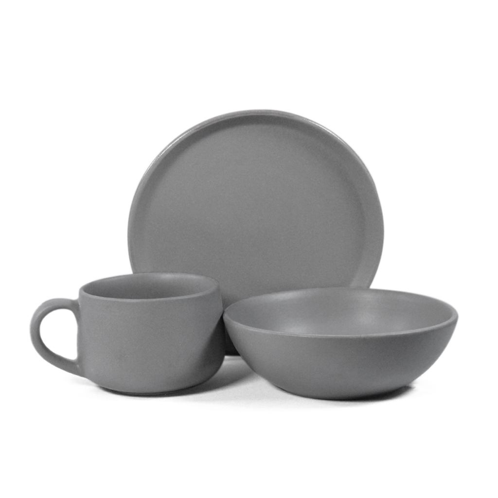 Ceramic 3 Piece Breakfast Set | Pebble Grey | 1 Plate, 1 Breakfast Bowl, 1 Cappuccino Mug |