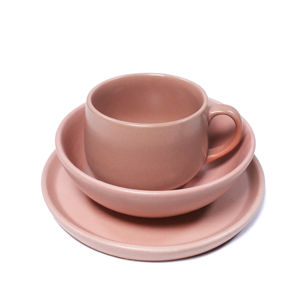 Ceramic 3 Piece Breakfast Set | Flamingo Pink | 1 Plate, 1 Breakfast Bowl, 1 Cappuccino Mug |