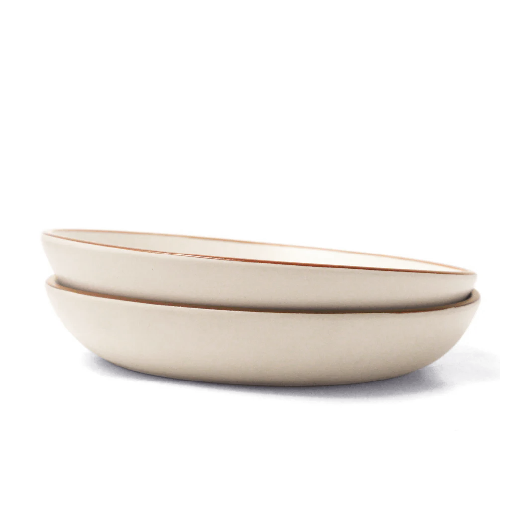 Ceramic Pasta Bowls | Set of 2 | Vanilla Biscuit | Flat Bowls for Pasta, Salads |