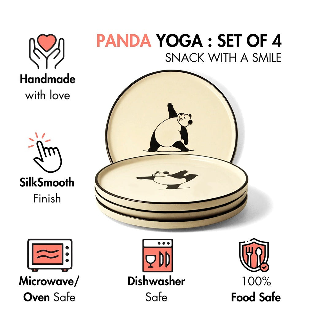 Ceramic Snack Plates | Set of 4 | Handpainted Panda Yoga Art | 8 Inch Side Plates for Snacks & Appetisers |