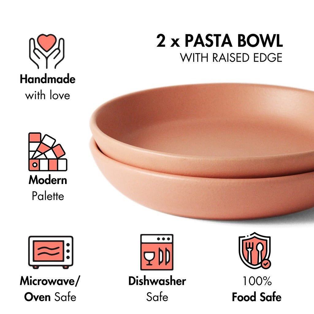 Ceramic Pasta Bowls | Set of 2 | Flamingo Pink | Flat Bowls for Pasta, Salads |