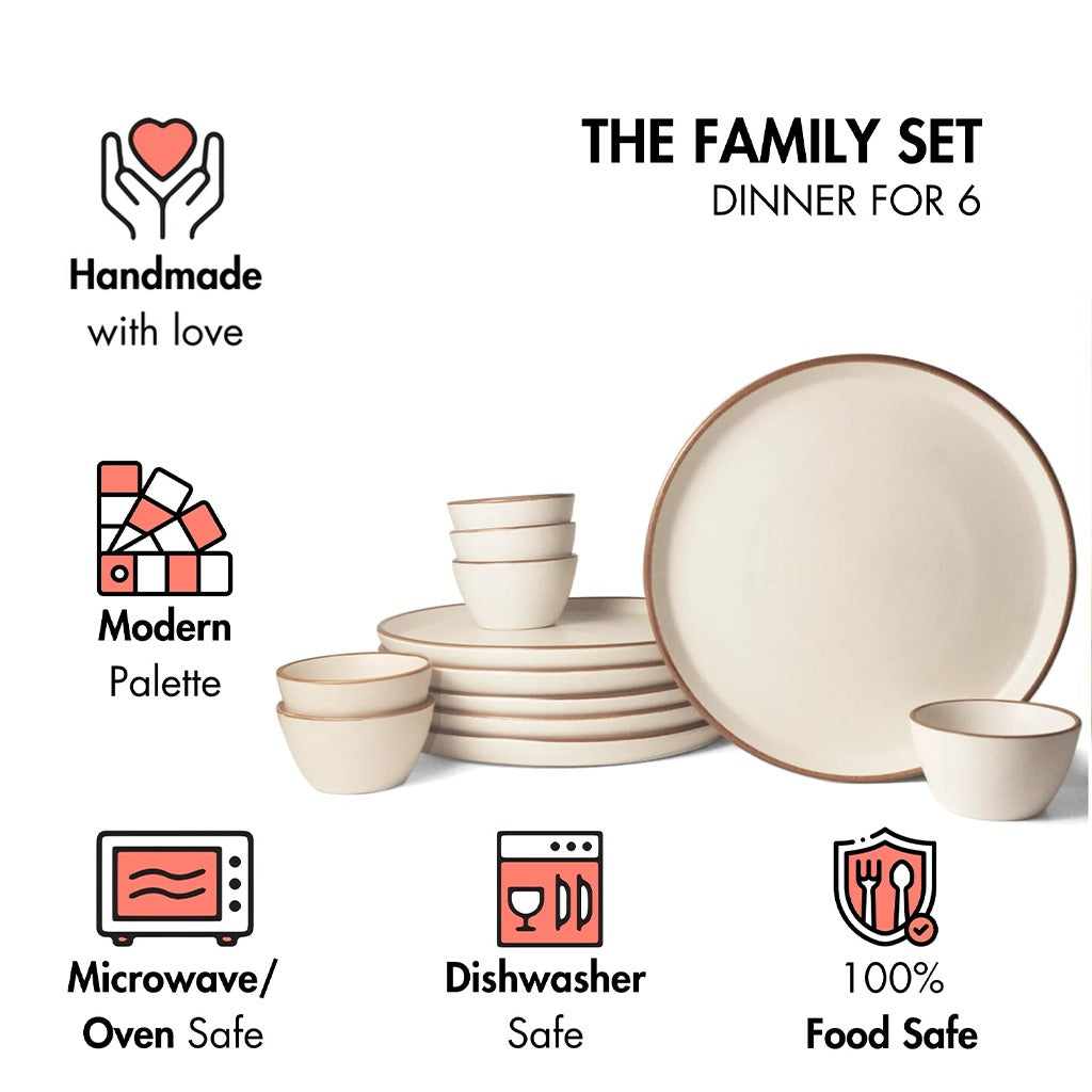 Ceramic 12 Piece Family Dinner Set | Vanilla Biscuit | 6 Dinner Plates, 6 Katori Bowls |