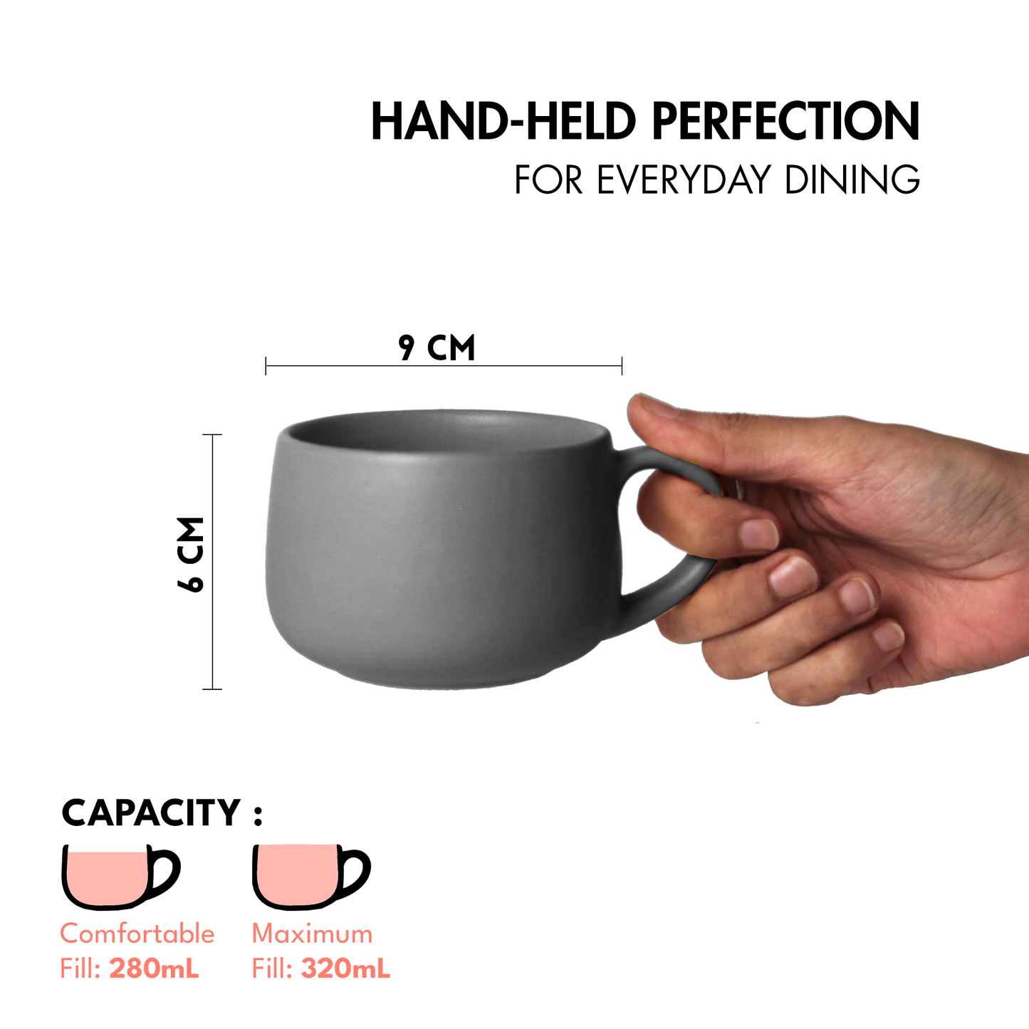 Ceramic Coffee Mugs | Set of 2 | Pebble Grey | 320ml Cappuccino Mugs |
