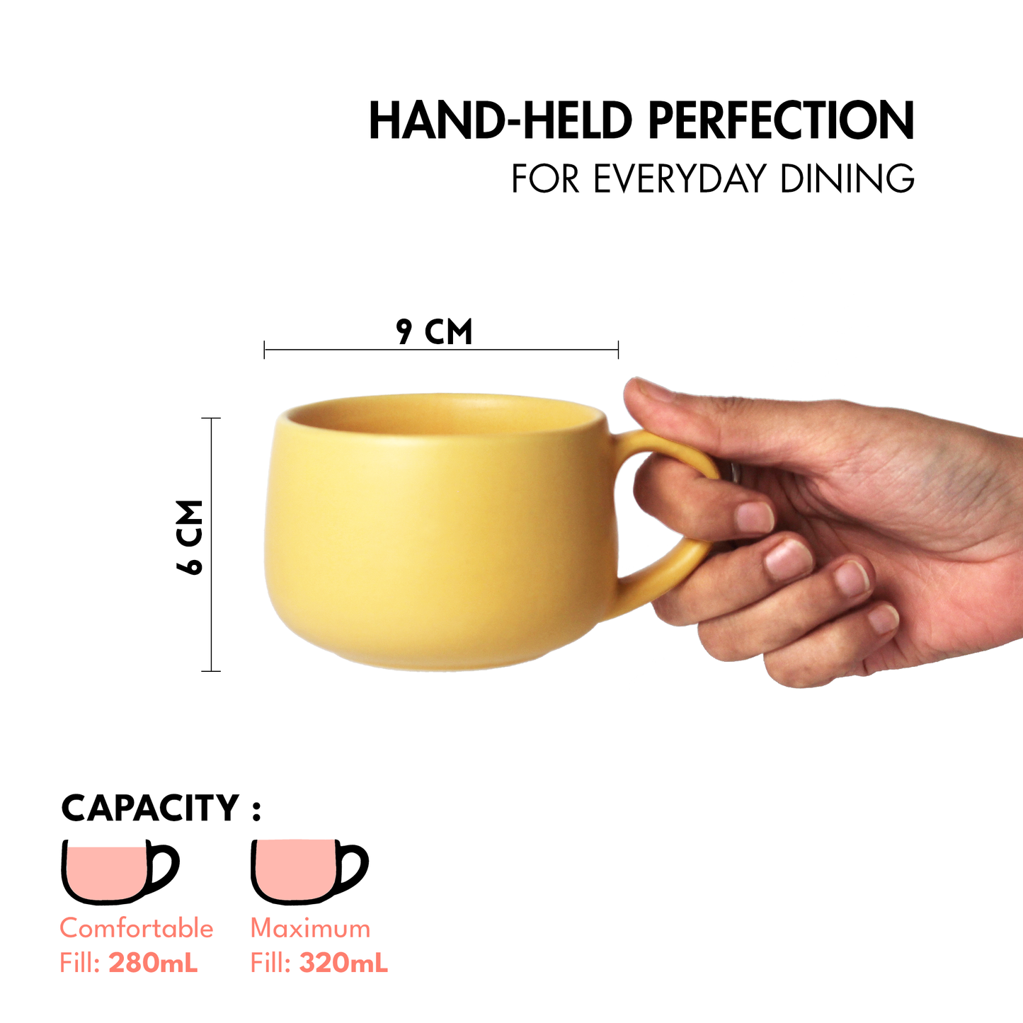 Ceramic Coffee Mugs | Set of 2 | Aamras Yellow | 320ml Cappuccino Mugs |