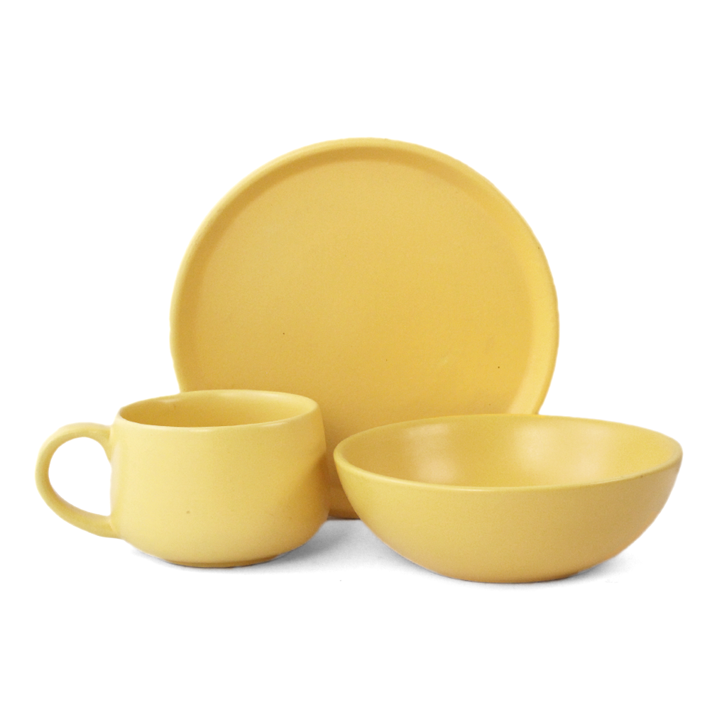 Ceramic 3 Piece Breakfast Set | Aamras Yellow | 1 Plate, 1 Breakfast Bowl, 1 Cappuccino Mug |