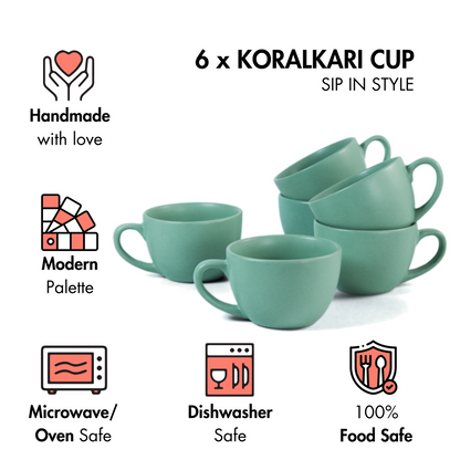 Ceramic Tea Cups | Set of 6 | Almost Blue | 180ml  Tea Cups |