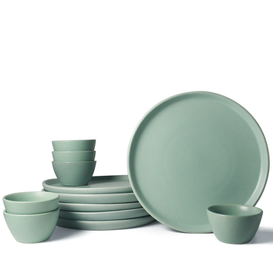 Ceramic 12 Piece Family Dinner Set | Almost Blue | 6 Dinner Plates, 6 Katori Bowls |