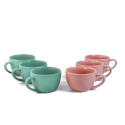Ceramic Tea Cups | Set of 6 | Flamingo Pink + Almost Blue | 180ml Tea Cups |