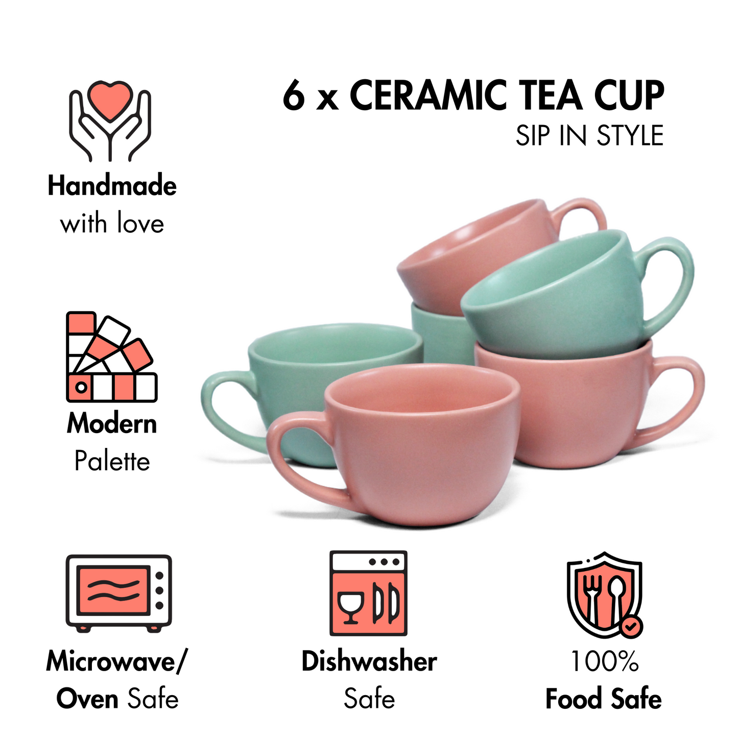 Ceramic Tea Cups | Set of 6 | Flamingo Pink + Almost Blue | 180ml Tea Cups |