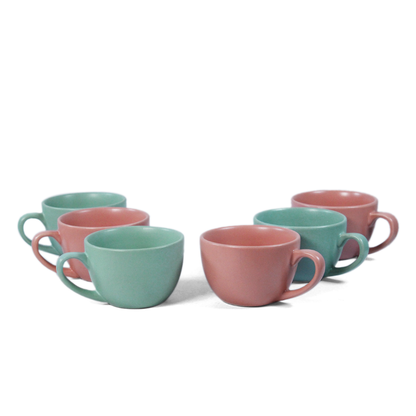 Ceramic Tea Cups | Set of 6 | Flamingo Pink + Almost Blue | 180ml Tea Cups |