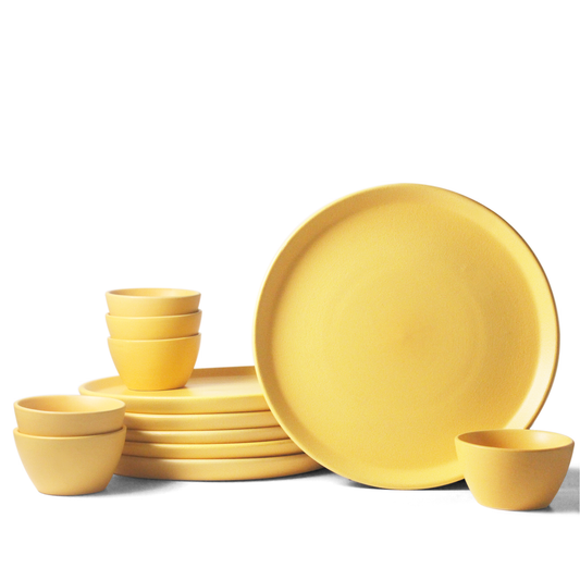 Ceramic 12 Piece Family Dinner Set | Aamras Yellow | 6 Dinner Plates, 6 Katori Bowls |