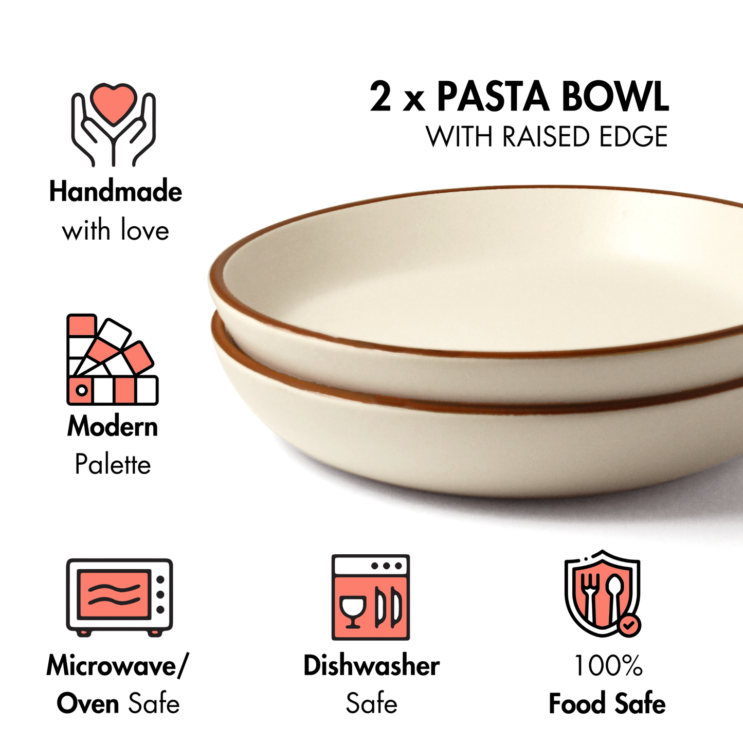 Ceramic Pasta Bowls | Set of 2 | Vanilla Biscuit | Flat Bowls for Pasta, Salads |