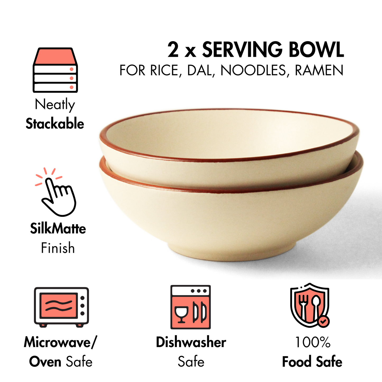 Ceramic Ramen Bowls | Set of 2 | Vanilla Biscuit | Serving Bowls for Rice, Noodles, Ramen |