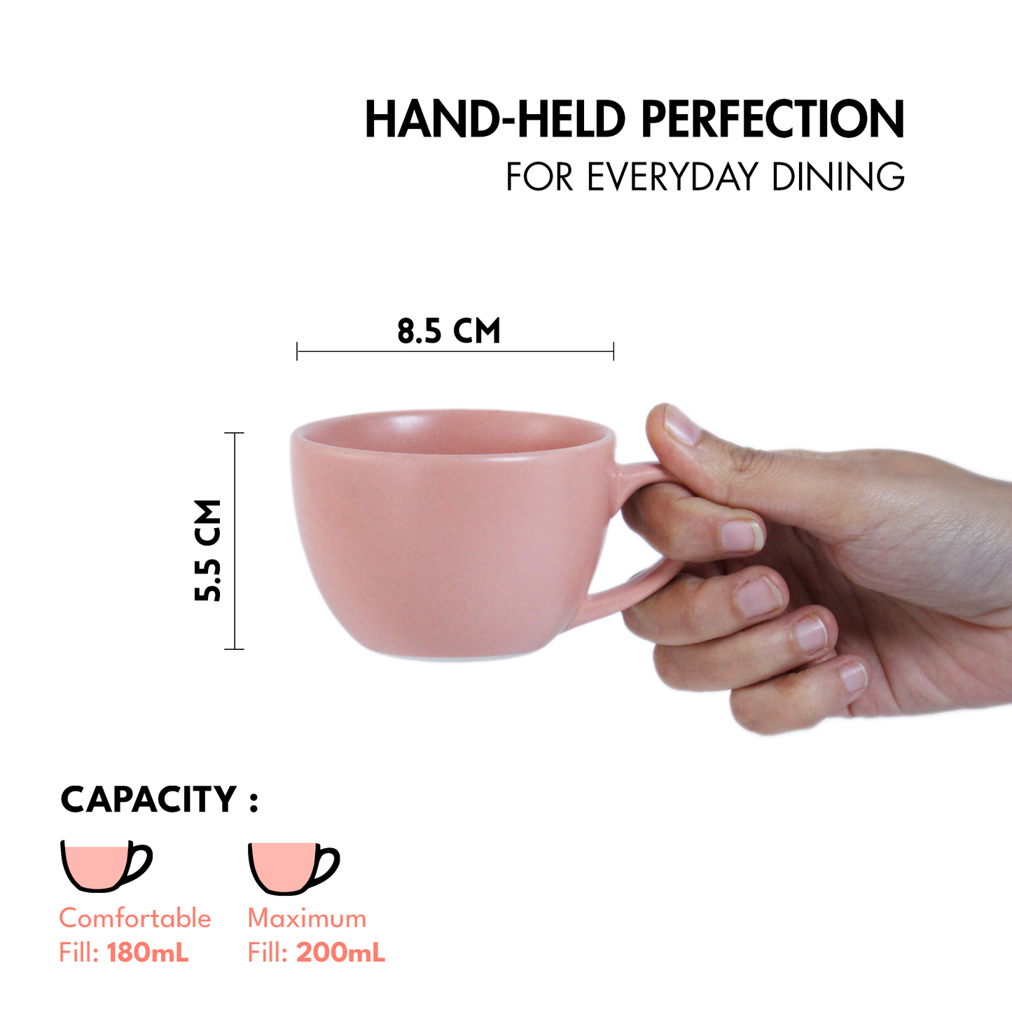 Ceramic Tea Cups | Set of 6 | Flamingo Pink + Almost Blue | 180ml Tea Cups |