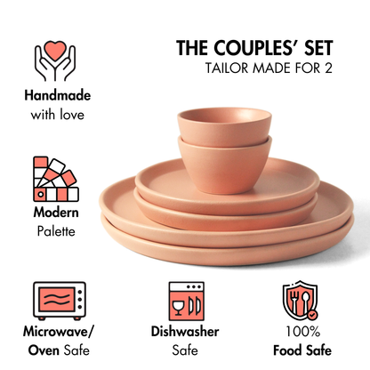 Ceramic 6 Piece Couples' Dinner Set | Flamingo Pink | 2 Dinner Plates, 2 Side Plates, 2 Katori Bowls |