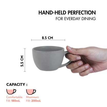 Ceramic Tea Cups | Set of 6 | Pebble Grey | 180ml Tea Cups |