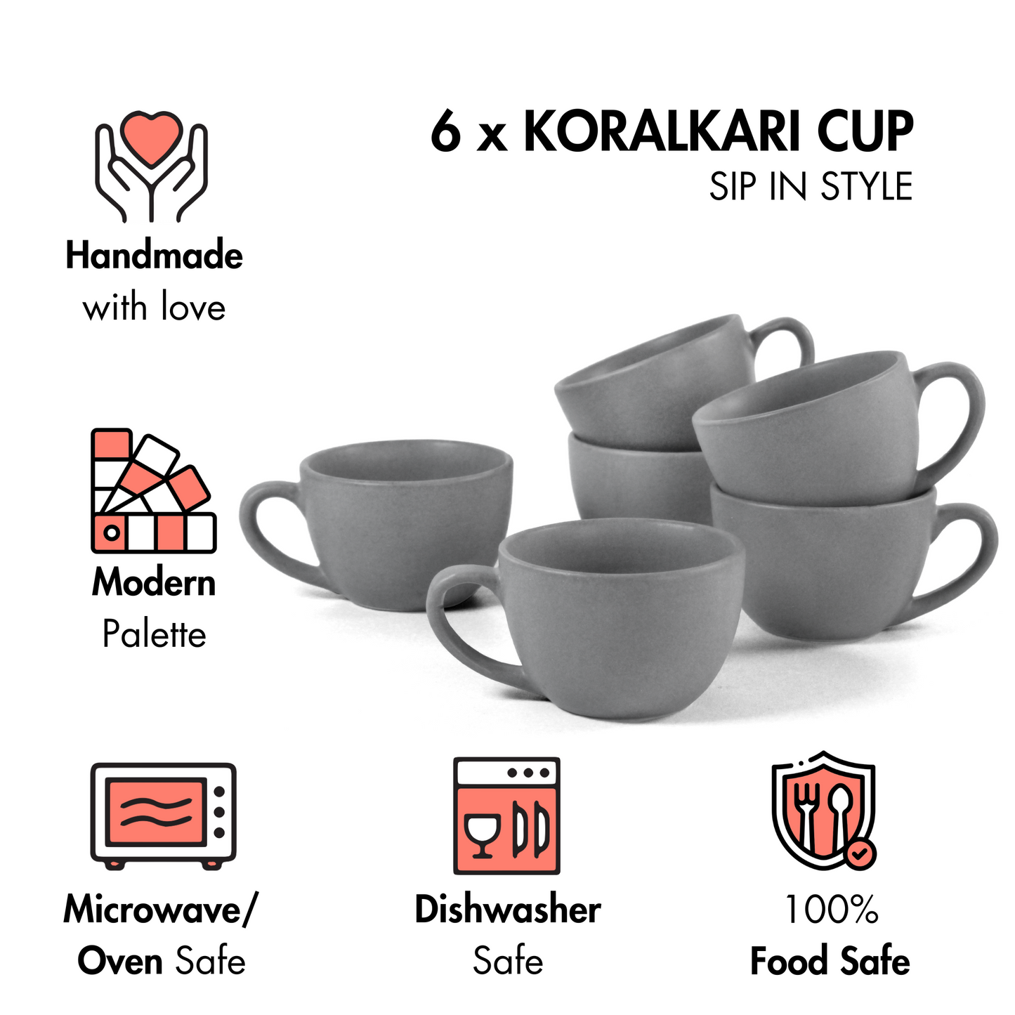 Ceramic Tea Cups | Set of 6 | Pebble Grey | 180ml Tea Cups |