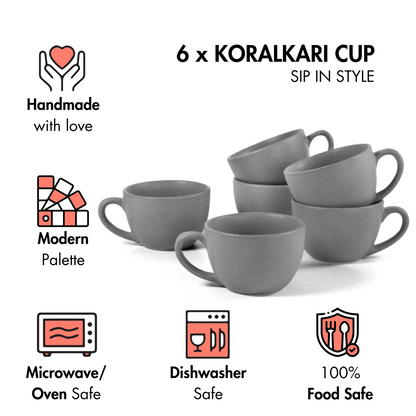 Ceramic Tea Cups | Set of 6 | Pebble Grey | 180ml Tea Cups |