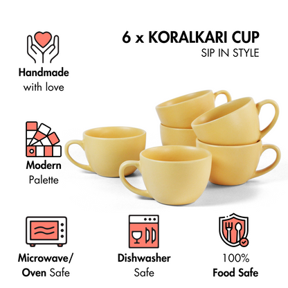 Ceramic Tea Cups | Set of 6 | Aamras Yellow | 200ml Tea Cups |